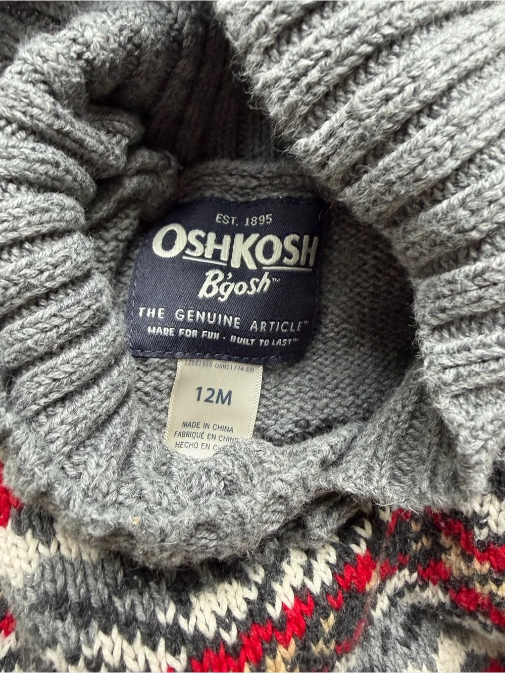 OshKosh B’gosh Gray Sweater Fair Isle Print Shawl Collar Baby Boy Size 12 Months